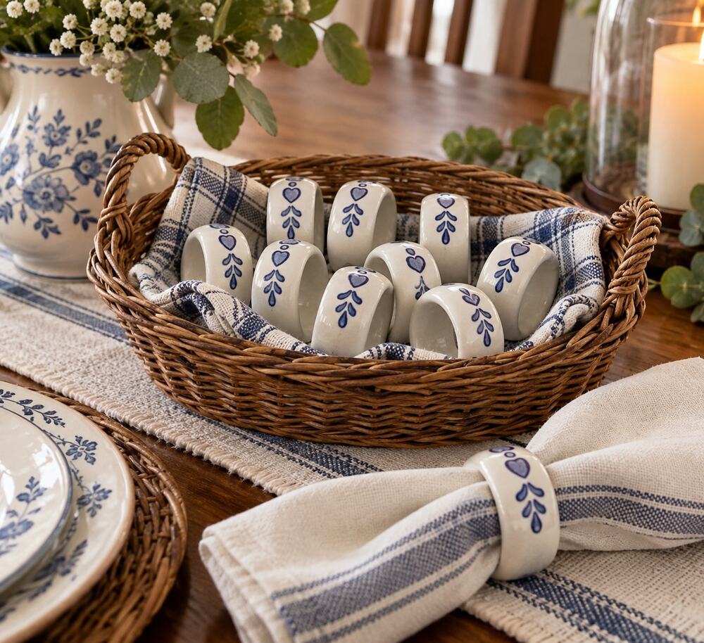 Pfaltzgraff Blue White Ceramic Napkin Rings Set of 10 Heart Folk Art Country